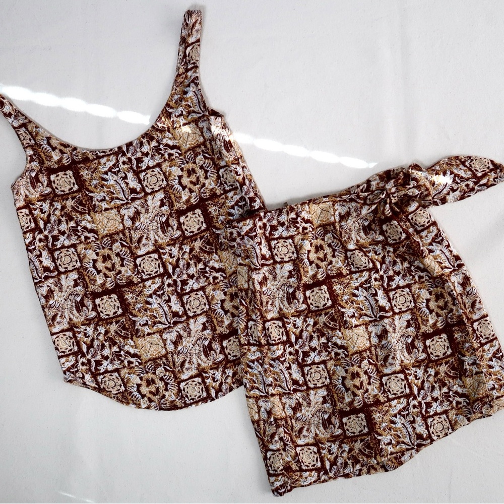 Vintage Contempo Casuals Brown and Ochre Print Set Tank Top & Wrap Skort